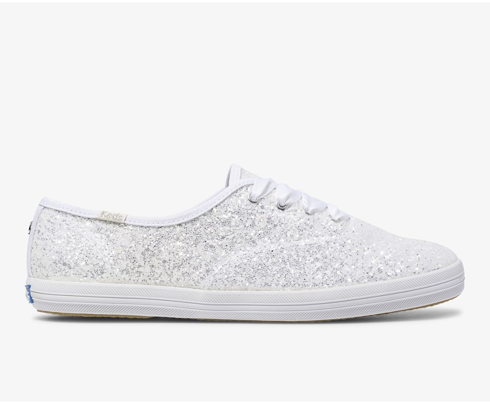 Womens Keds Sneakers - Kate Spade new york Champion Glitter - White - 0279-RCQXZ